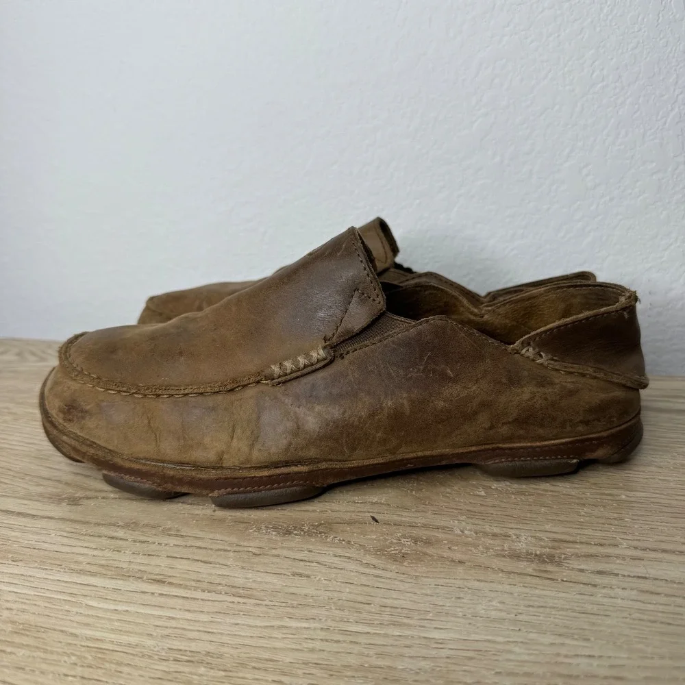 OluKai‎ Moloa Mens Brown Leather Slip On Loafers Drop-In Heel 10128-2733 Size 9